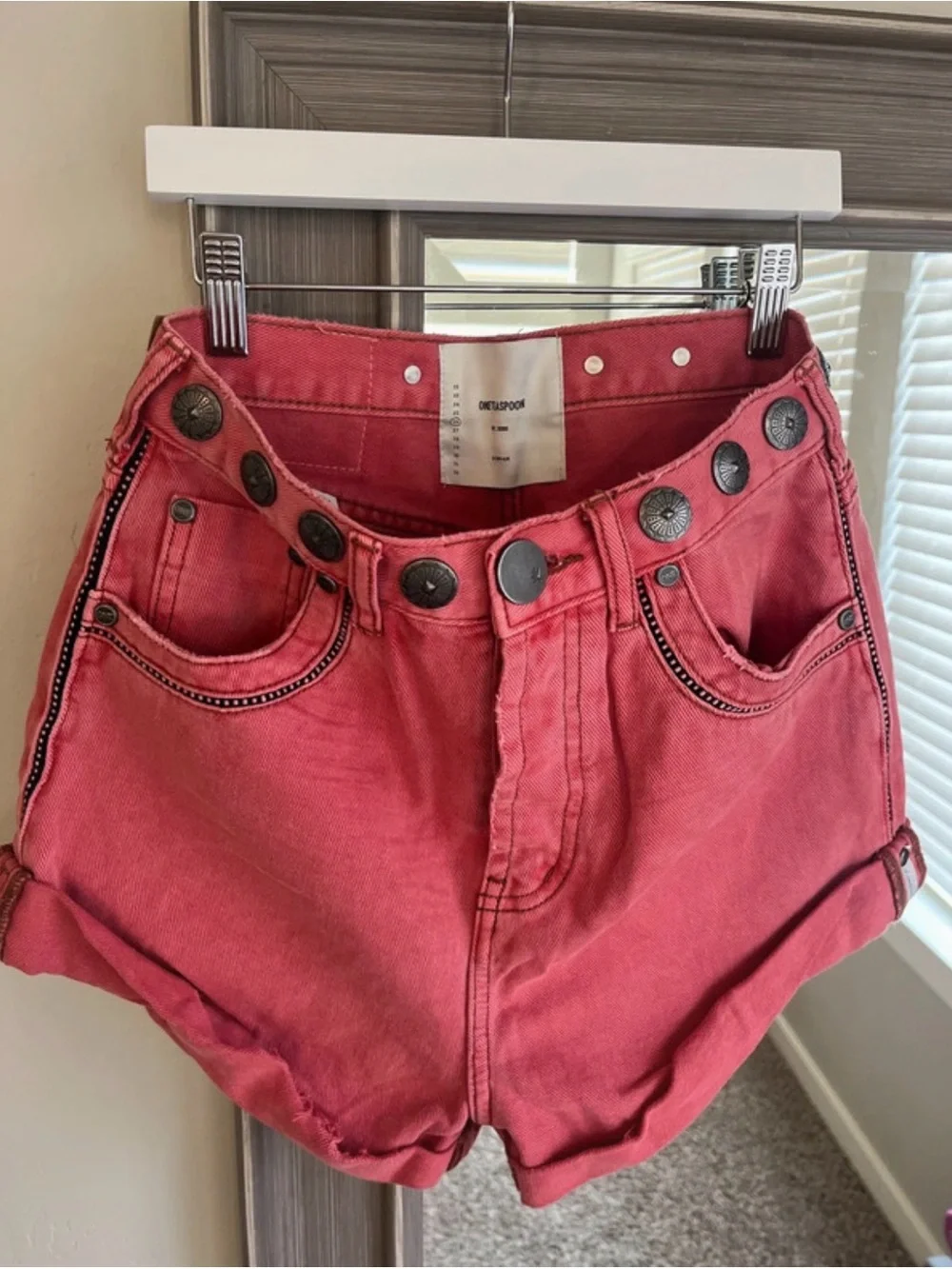 One Teaspoon High-Rise Coral Denim Jeans with Decorative Buttons